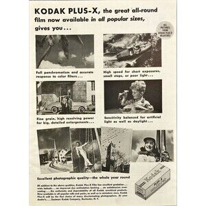 Eastman Kodak "Plus-X the great all-round film in all Sizes" Vtg Print Ad 1941
